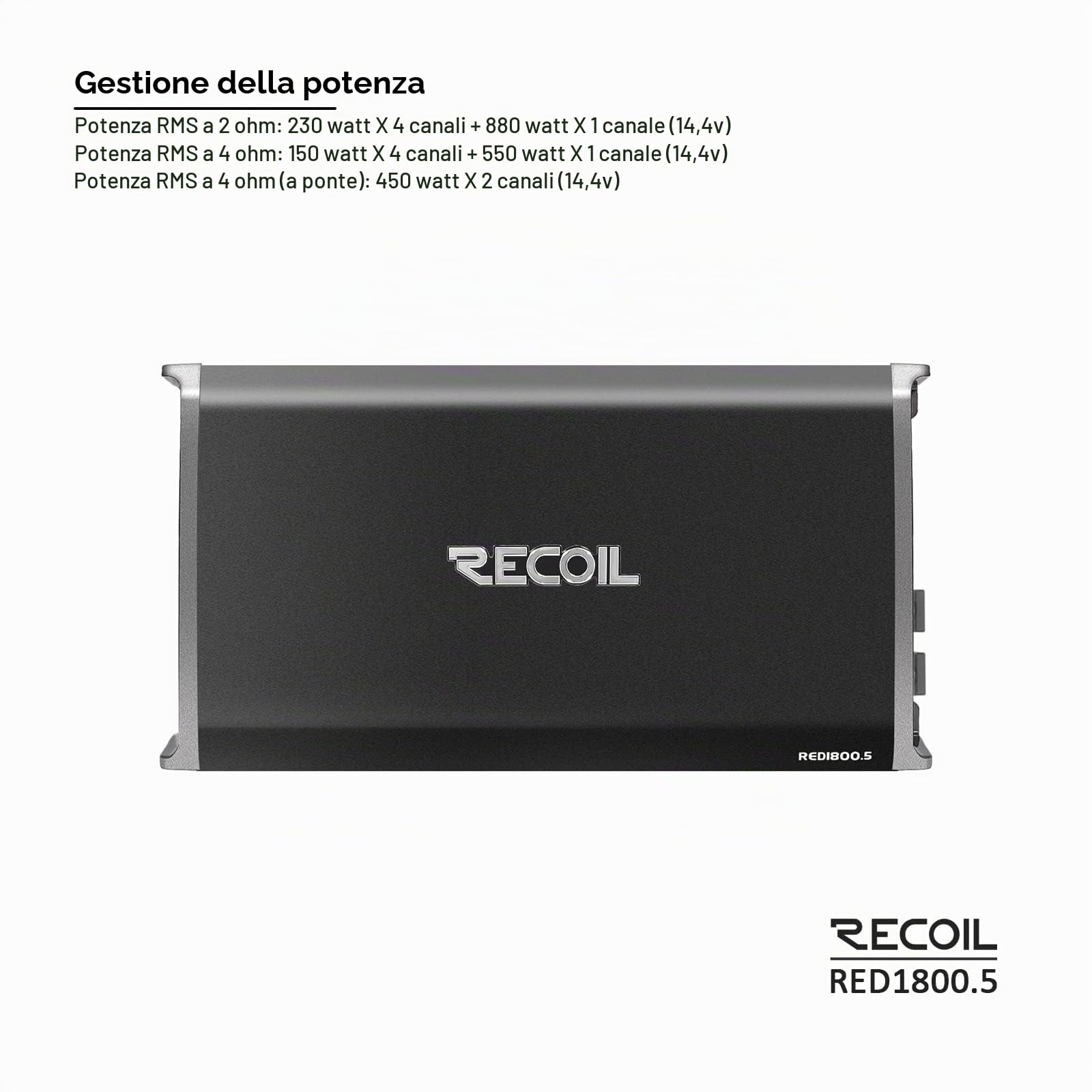 Recoil RED1800.5 Amplificatore audio per auto a 5 canali Classe D da 1800 Watt, mono stabile a 1 Ohm, manopola dei bassi remota inclusa