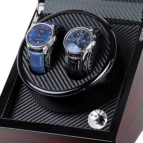 Kalawen Double Wooden Watch Winder for Automatic with Quiet Motor, Battery Powered or AC Adapter-5 Rotation Modes (Red)