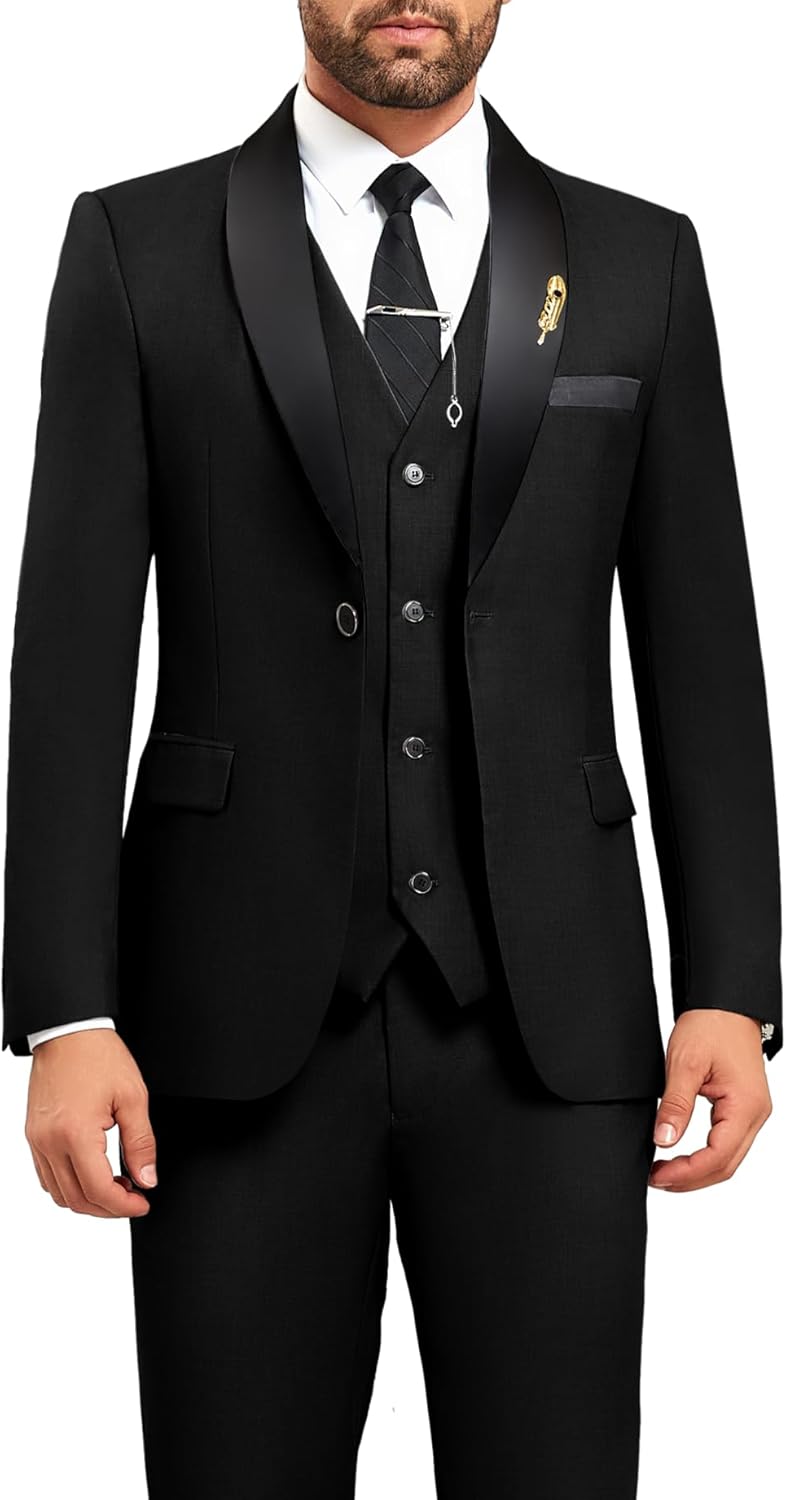 Mens Suit Slim Fit 3 Pieces Suit 1 Button Shawl Lapel Men Suit Blazer Jacket Vest Pants Bow Tie Pocket Square Brooch