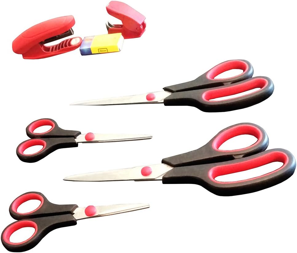 Scissors Set- Multi-size Scissor 4 Pack For Any Size Cut Or Craft With BONUS Mini Office Stapler and Staple Puller/Remover