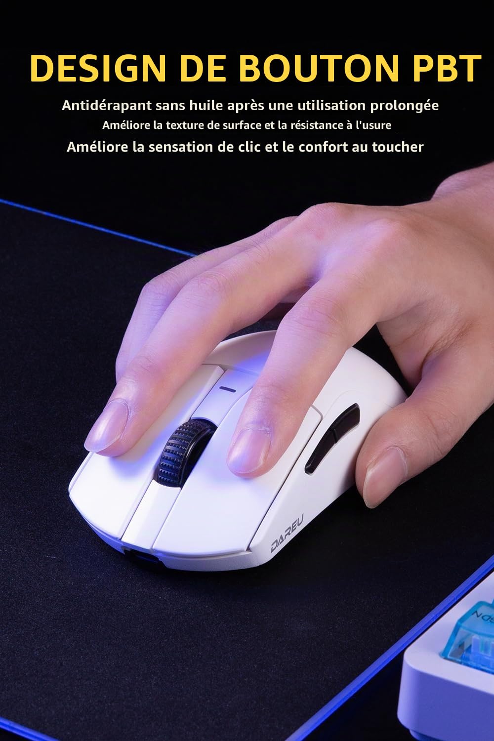 DAREU A950pro 4K Souris Gaming sans Fil: Ultra-légère 55 g, Fréquence de Sondage de 4KHz, Capteur Optique PAW3395, 5 Boutons Programmables, Support 15min Fast Charging et Connexion Tri-Mode (Blanc)