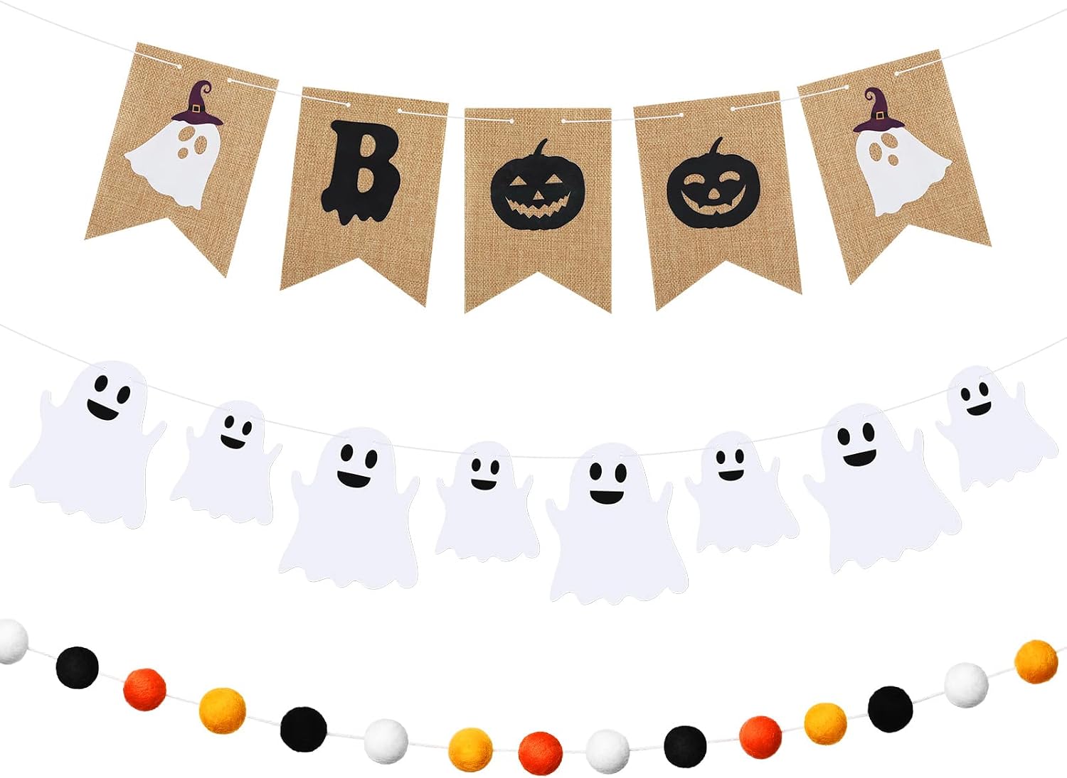 Oudain Halloween Banner 3 Pcs Burlap Boo Banner Felt Garland Ghost Decor White Orange and Black Hanging Halloween Decorations Outdoor for Party Birthday Fireplace Carnival Decoration