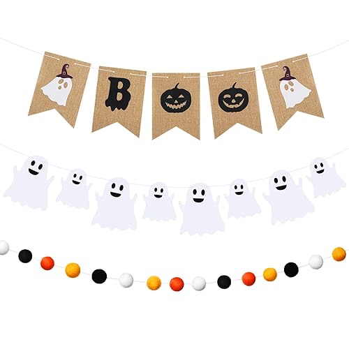 Oudain Halloween Banner 3 Pcs Burlap Boo Banner Felt Garland