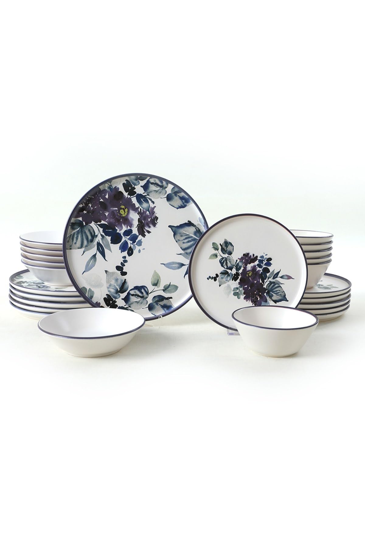 Elegante set da 24 pezzi, in ceramica, antibatterico e facile da pulire, bianco, blu e viola, include 6 piastre di servizio (28 cm), ciotole e dessert