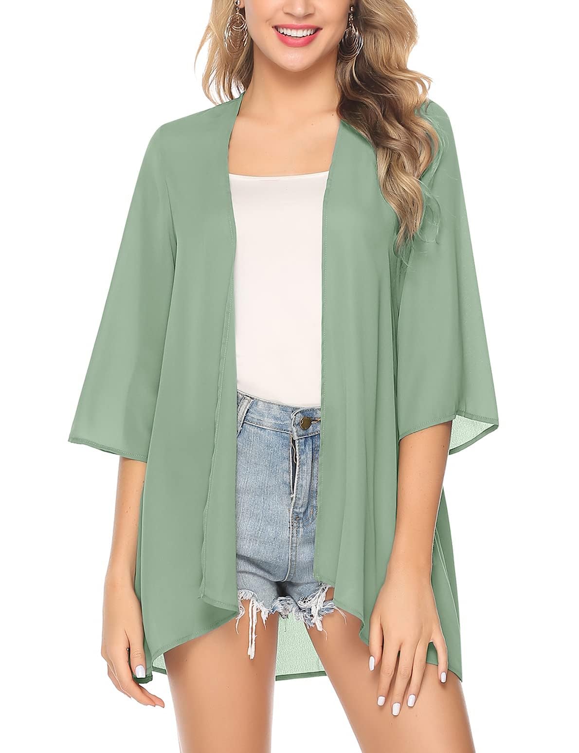 Irevial Chiffon Kimono Damen 3/4 Arm Blumenprint Cover Up | Loose, Leicht, Lang, Dreiviertelärmel, Komfort, Casual, für Strand Party