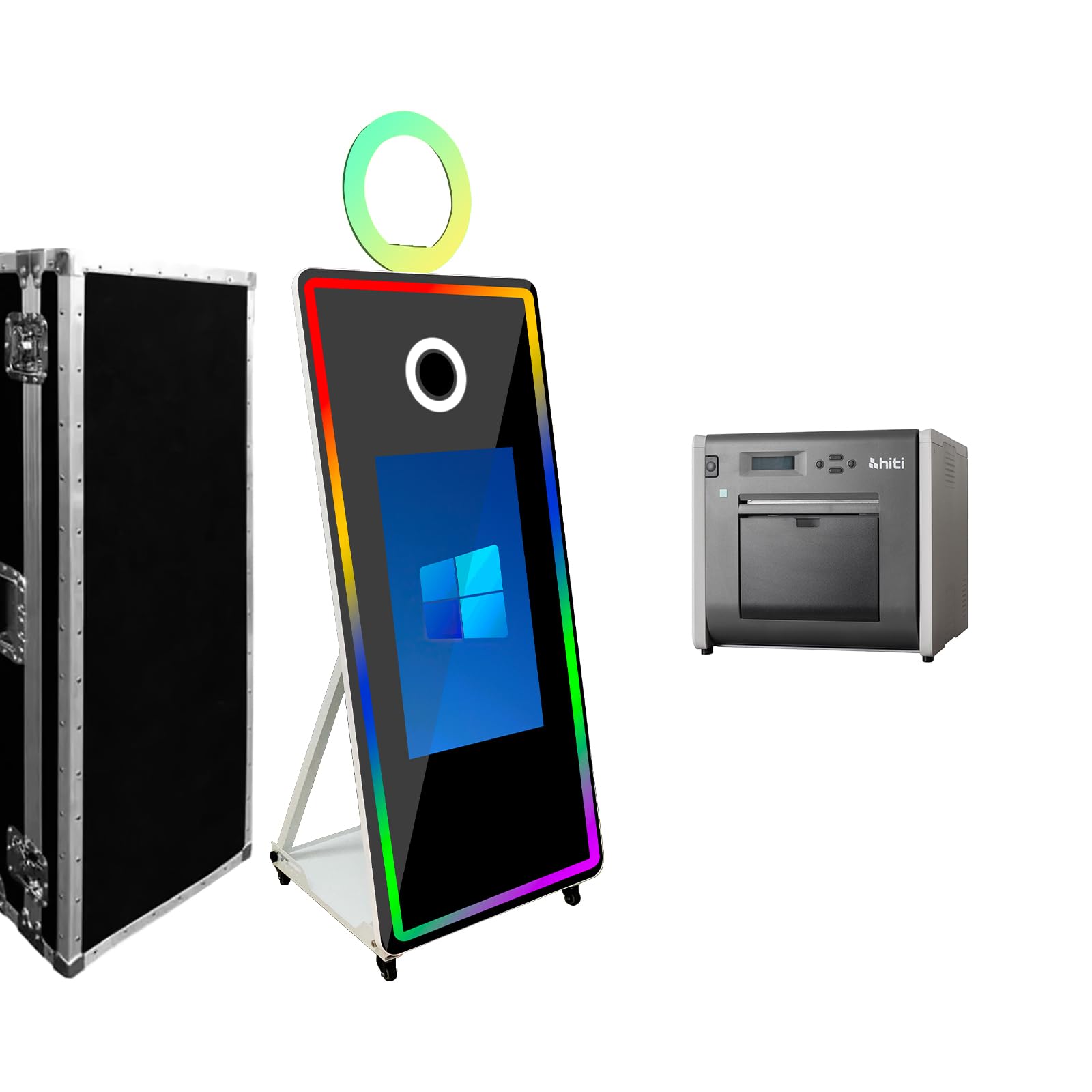 Magic Mirror Photo Booth z ekranem dotykowym 81.3 cm, ekran dotykowy z lustrzaną fotobudką z ramką LED i pierścieniem świetlnym RGB, 165 cm urządzenie do fotobudki do selfie na imprezy imprezowe (165