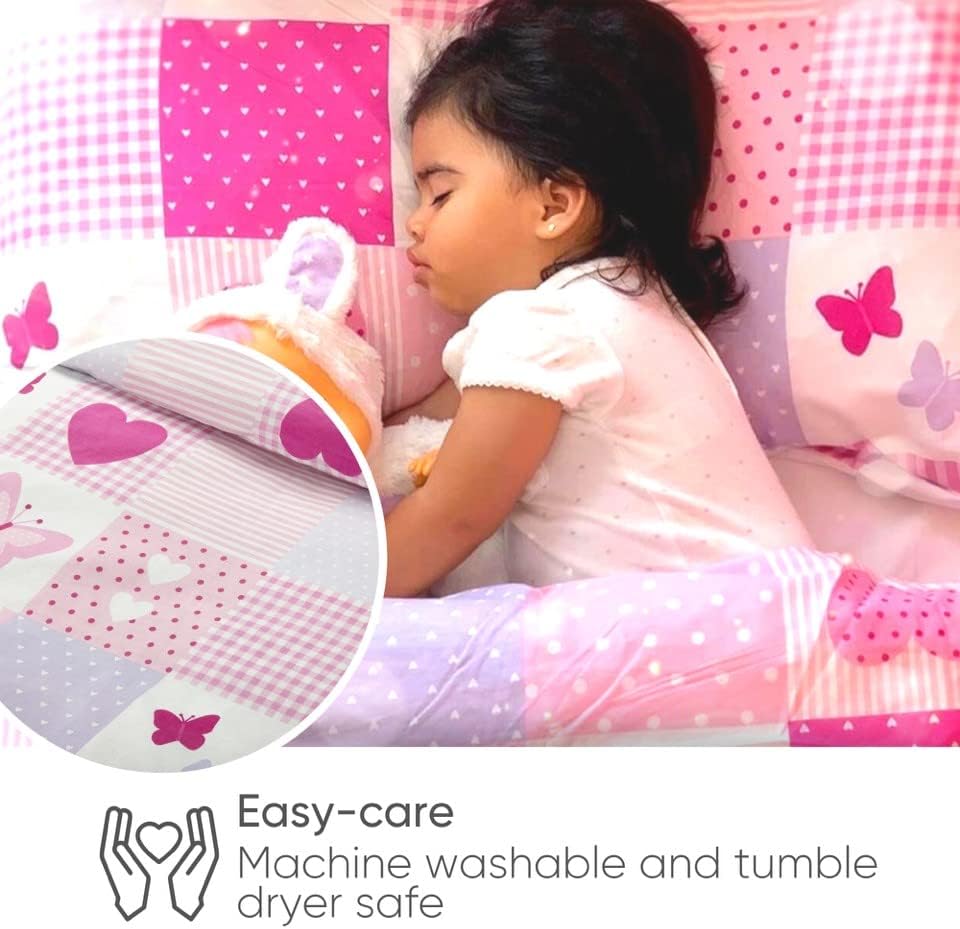 Bloomsbury Mill - Hearts & Butterflies Patchwork - Kids Bedding Set - Pink - Single Duvet Cover and Pillowcase