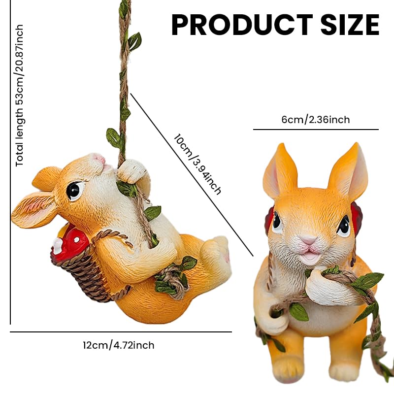 Image of HASTHIP Cute Resin Climbing Bunny Decor with Rope and Basket of Mushrooms for Planter or Garden Hanging, Adorable Rabbit Figurine for Indoor Outdoor Home Decoration