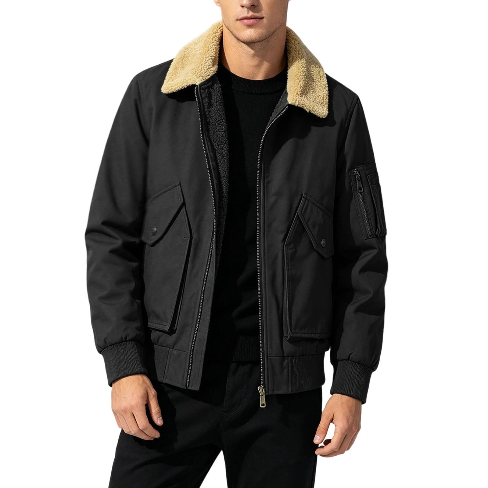 Generico Fleecejacke Herren Reißverschluss ohne Kapuze Vintage Casual Warm Mantel Winterjacke Winddicht mit Taschen Sport Outwear Trekking Jacke Dicke für die Übergangszeit