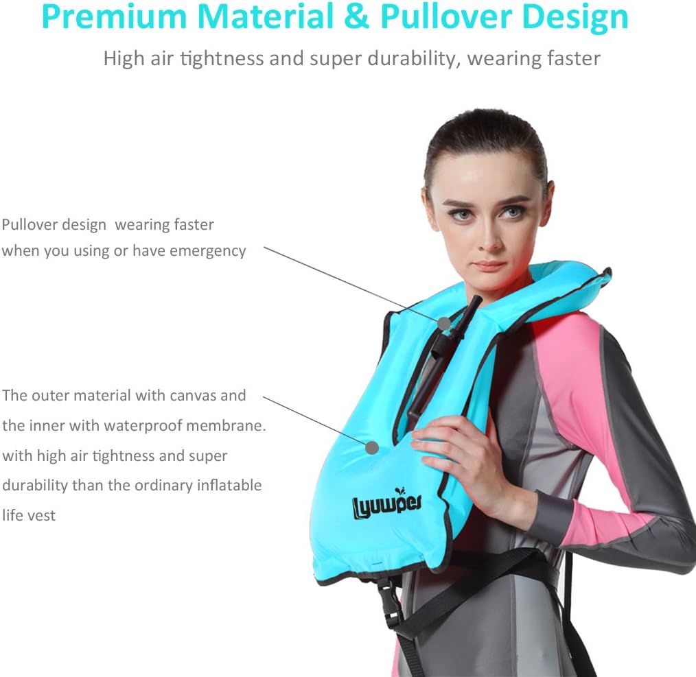 Inflatable Snorkel Vest Adult Snorkeling Jackets Free Diving Swimming Safety Load Up to 220 Ibs