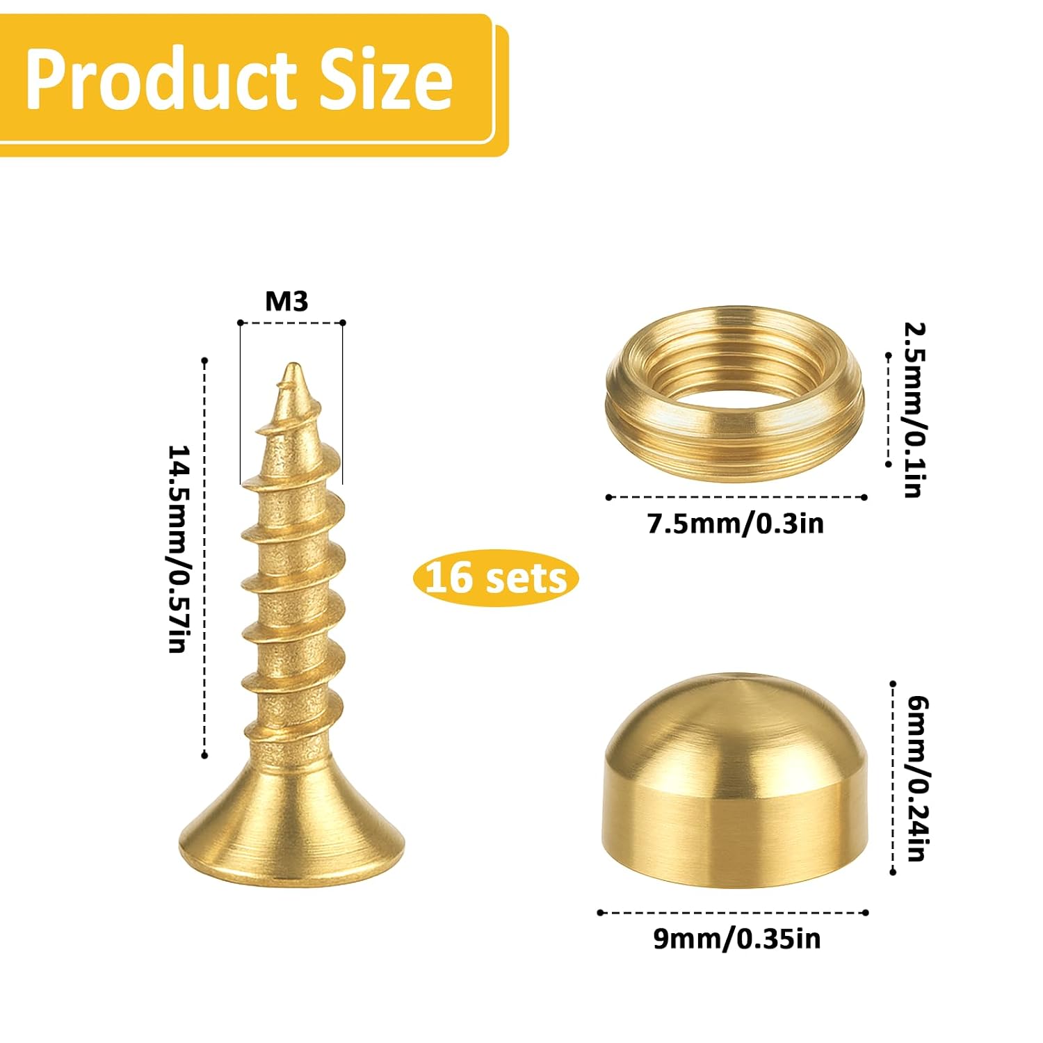 Brass Screws, Decorative Screws with Caps, 16 Pcs Self Tapping Gold Screw 9mm Mirror Screw Cover for Furniture Fixing