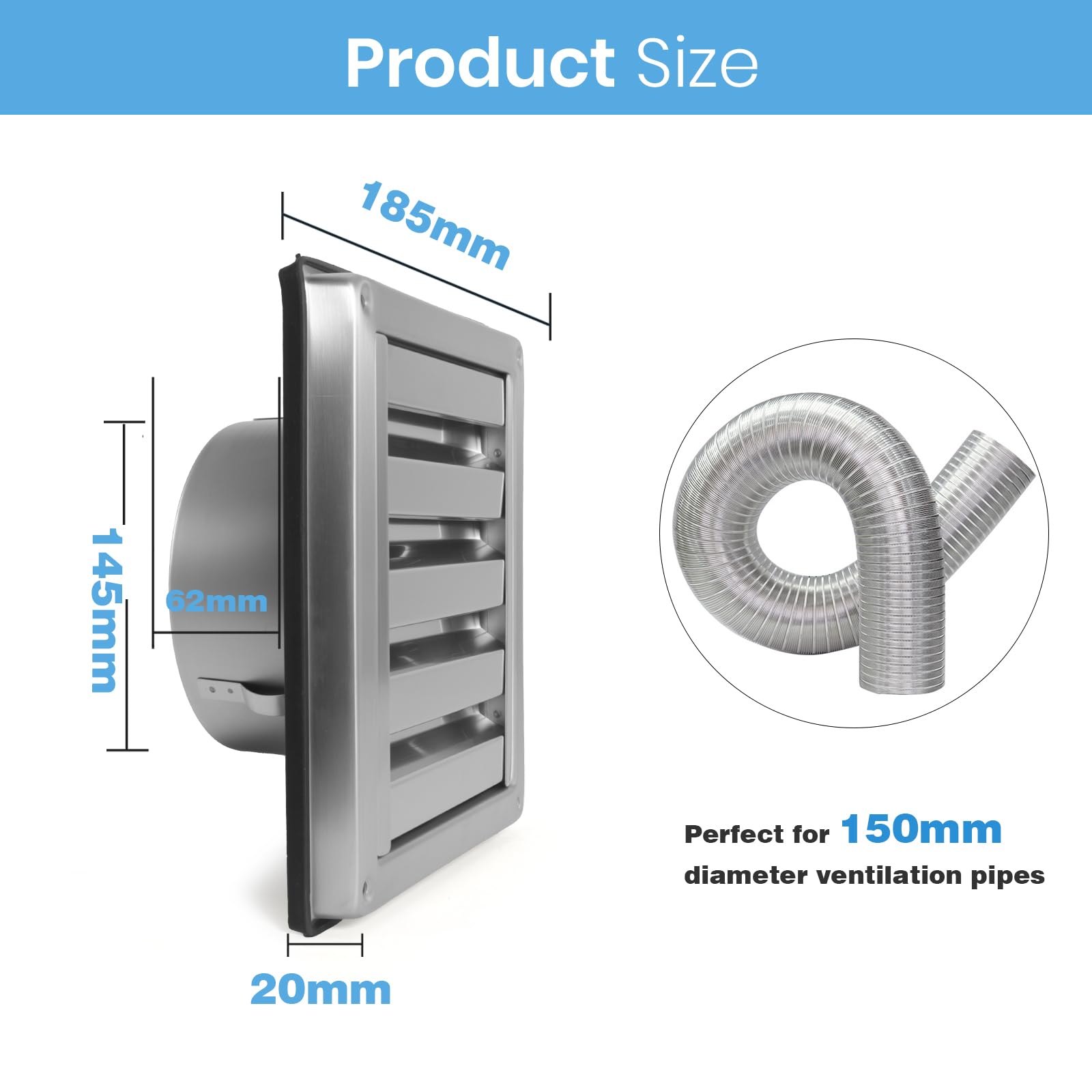 Grille de ventilation 150 mm en acier inoxydable 304 avec moustiquaire et lames fixes - Idéale pour le montage mural extérieur des systèmes de ventilation et des hottes aspirantes