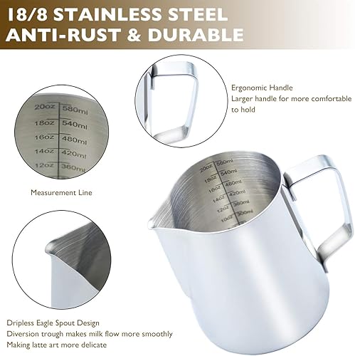 Miniatura 10 de CAMKYDE Jarra de espuma de leche de acero inoxidable de 12 onzas, jarra de vapor con bolígrafo decorativo para máquinas de espresso, capuchino, arte