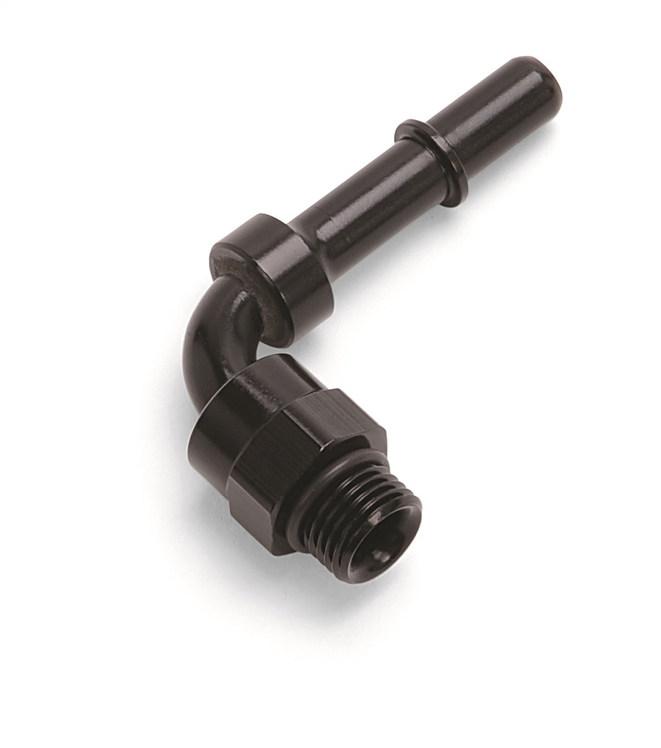 Edelbrock Men's Adapter Fitting 3/8" Sae Quick Disconnect To #8 Sae Port Swivel End 90 Deg Blk Anodized