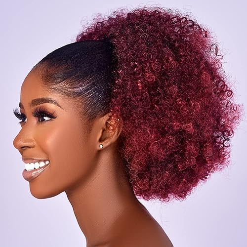 Extensión de cola de caballo rizada con cordón para mujeres negras, extensiones de cabello sintético corto afro Kinkys rizado con dos clips (1B) (18