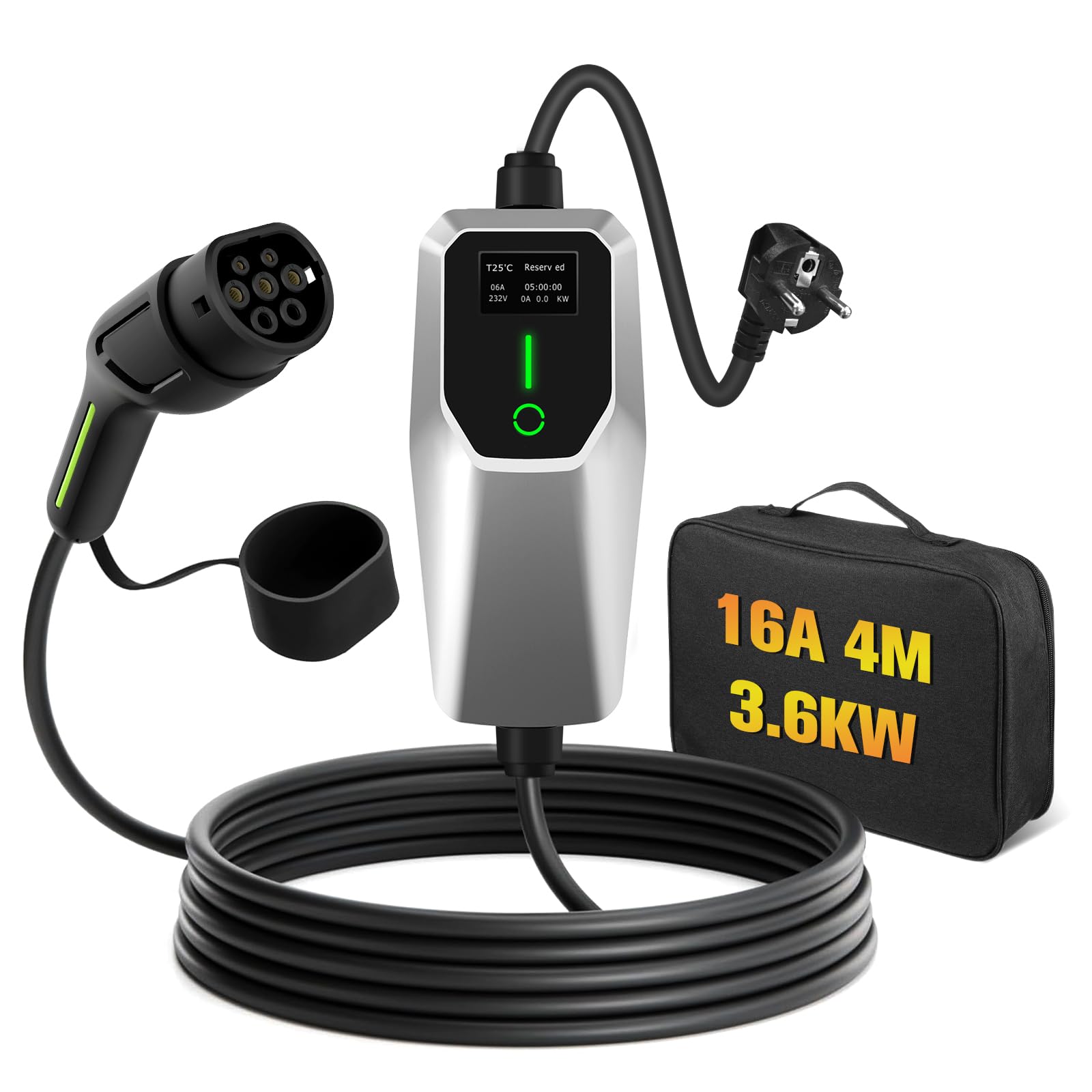 Junsun Cargador EV Portátil Tipo 2 3,6KW, Corriente Ajustable 8A-16A, Cargador para Coche Eléctrico con Pantalla LED, Compatible con 220V-240V, Cable de Carga EV con Bolsa