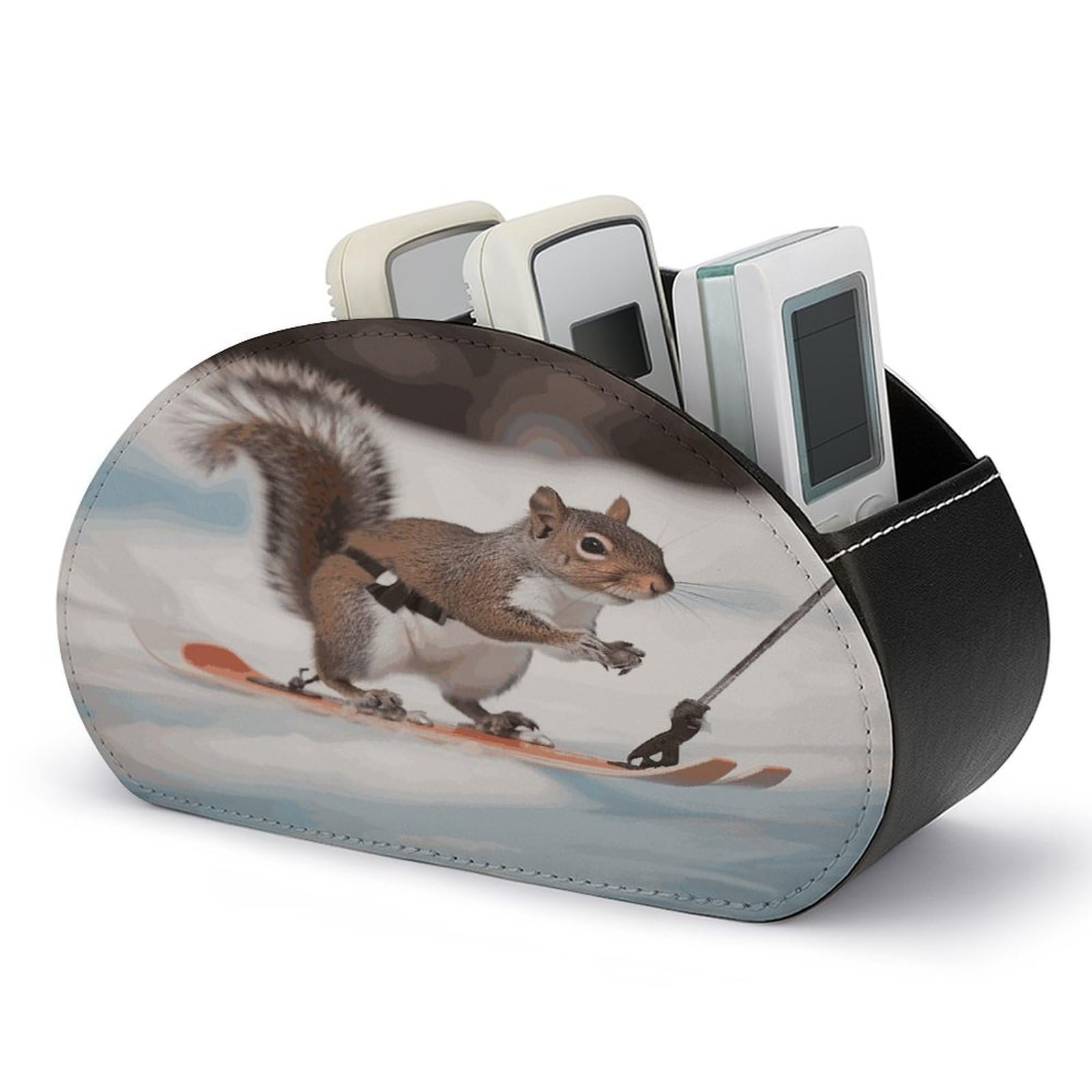 FekiLoot Skiing Squirrel Remote Control Holder, PU Leather Remote Control Organizer Box Stationery Remote Control Box Desk Storage Organizer for DVDs,Glasses,Pens,Media Players