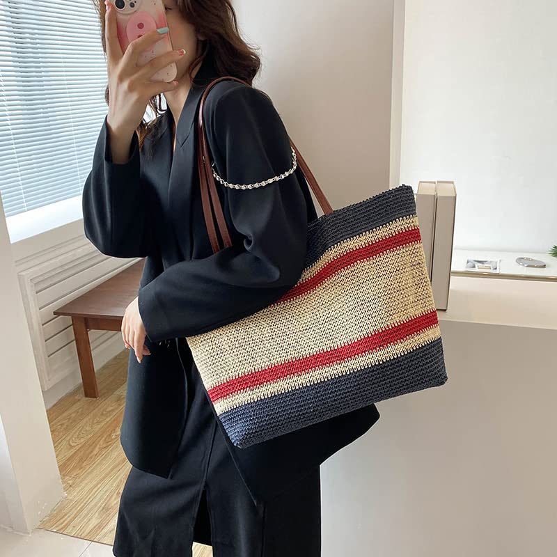 Straw Beach Bag for Women, Fashion Boho Design Beach Tote Bag Vacation Essentials Travel Holiday Supplies Shoulder Bag3