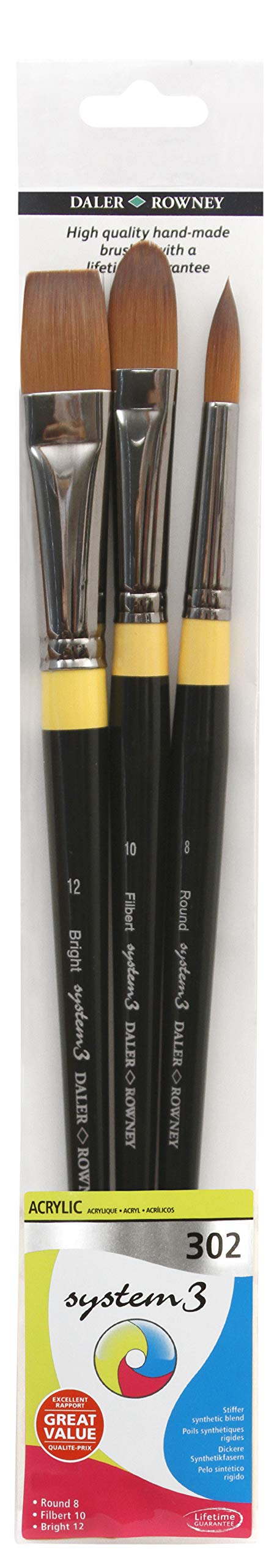 Daler-Rowney System3 Acrylic Brush, Stiff Synthetic Hair, Long Handle, Round, Filber and Bright, , Wallet, Set 302, 3 Assorted brushes