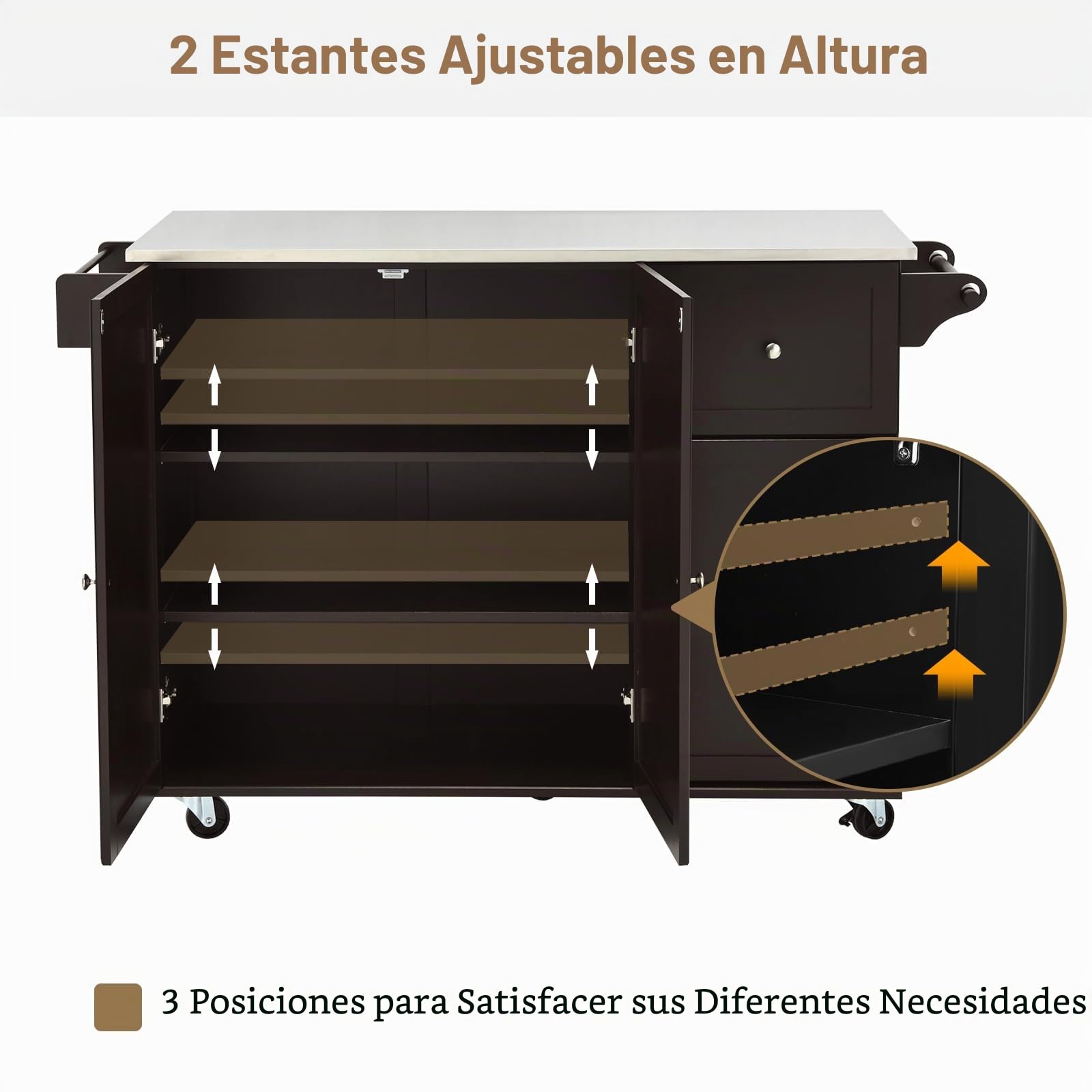 GOPLUS - Postre con ruedas de madera, estante de 3 niveles ajustables y 3 cajones, bandeja de acero inoxidable, soporte para especias, toalleros, 135 x 45,5 x 91,5 cm