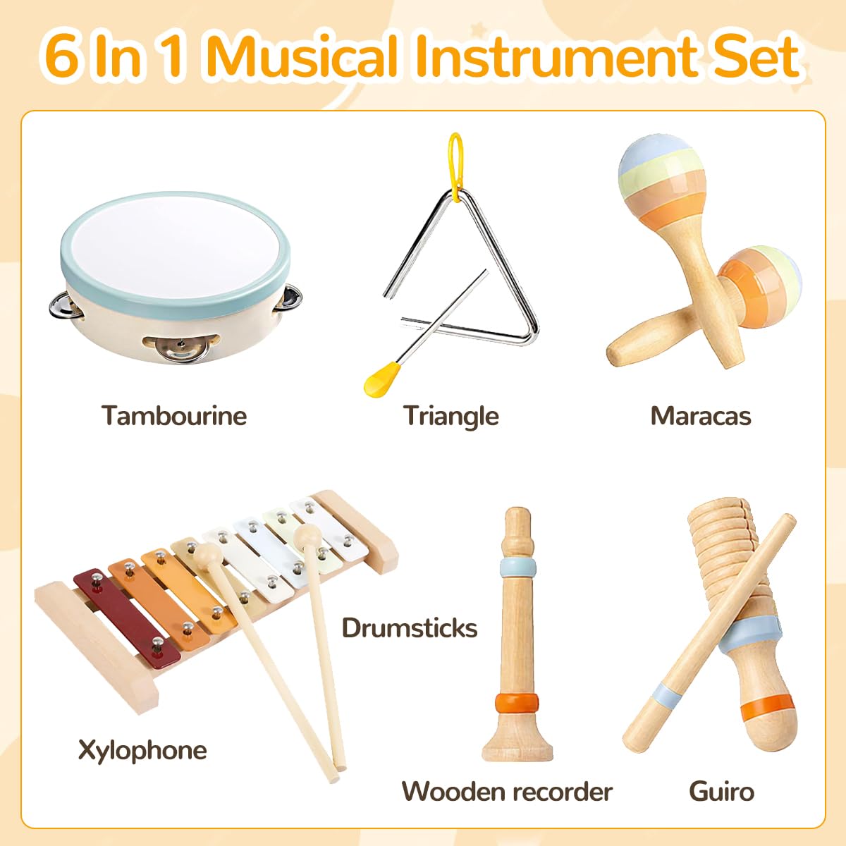 8-in-1 Montessori Musikinstrumente Kinder ab 1 Jahr, Holzspielzeug mit Xylophon, Trommel, Triangel, Maracas, Flöte, Baby Musikspielzeug, Kinderschlagzeug ab 2 3 Jahre, Lernspielzeug für Jungen Mädchen