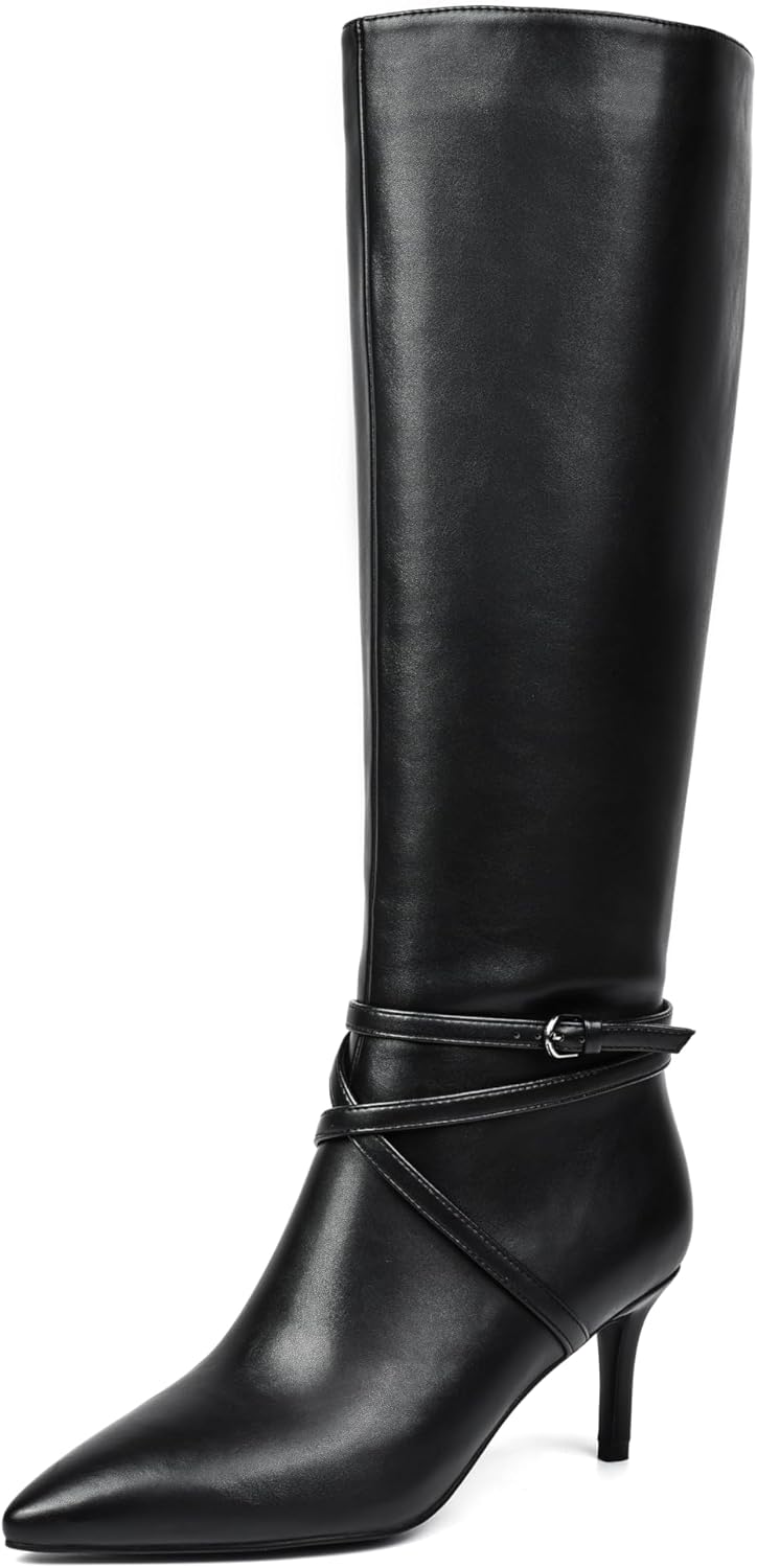 Women’s Knee High Boots 3 Inch Stiletto Heel, Pointed Toe Tall Boots with Side Zipper, Elegant Black Dress Boots for Work Party Casual