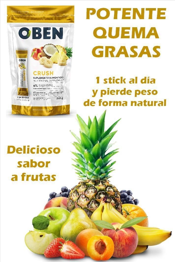 OBEN Crush Tropical, Suplemento Alimenticio para Quemar Grasas, 30 Sobres Individuales, Sin Azúcar, Sabor Frutal, 210g