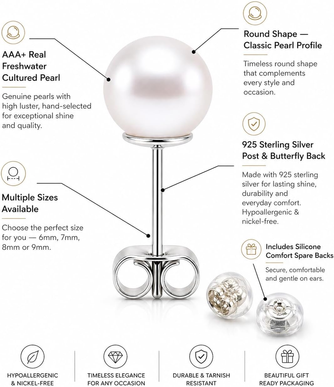 Freshwater Pearl Stud Earrings | AAA+ Real Pearls | 925 Sterling Silver | Hypoallergenic | Classic Stud Earrings for Women, Bridal & Everyday Jewelry