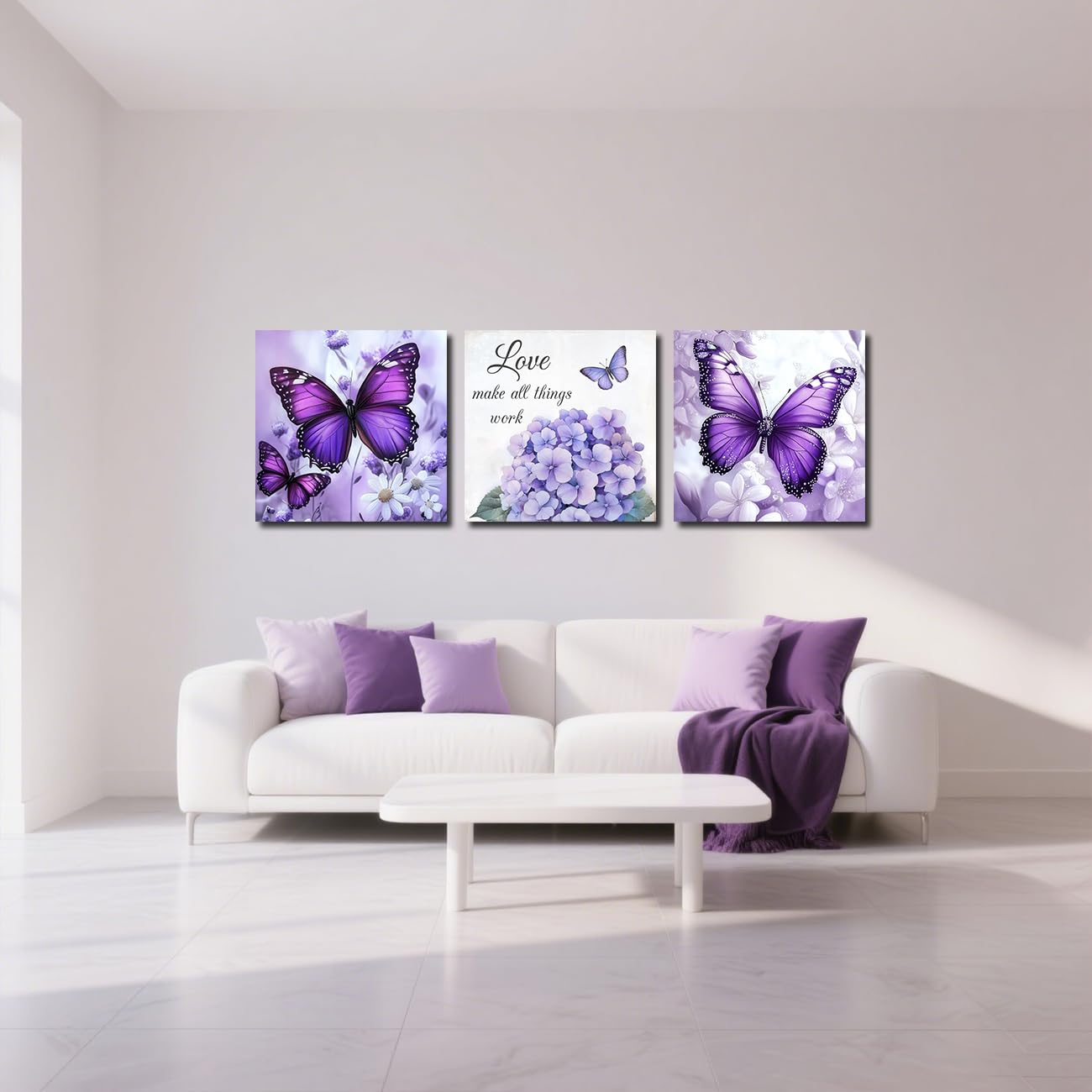 Quadri su Tela con Farfalle e ortensie, Set da 3 Pezzi, con Citazioni motivazionali, Stampe Floreali per Bagno e Ufficio, incorniciati (Viola, 40x40 cm x 3 Pezzi)