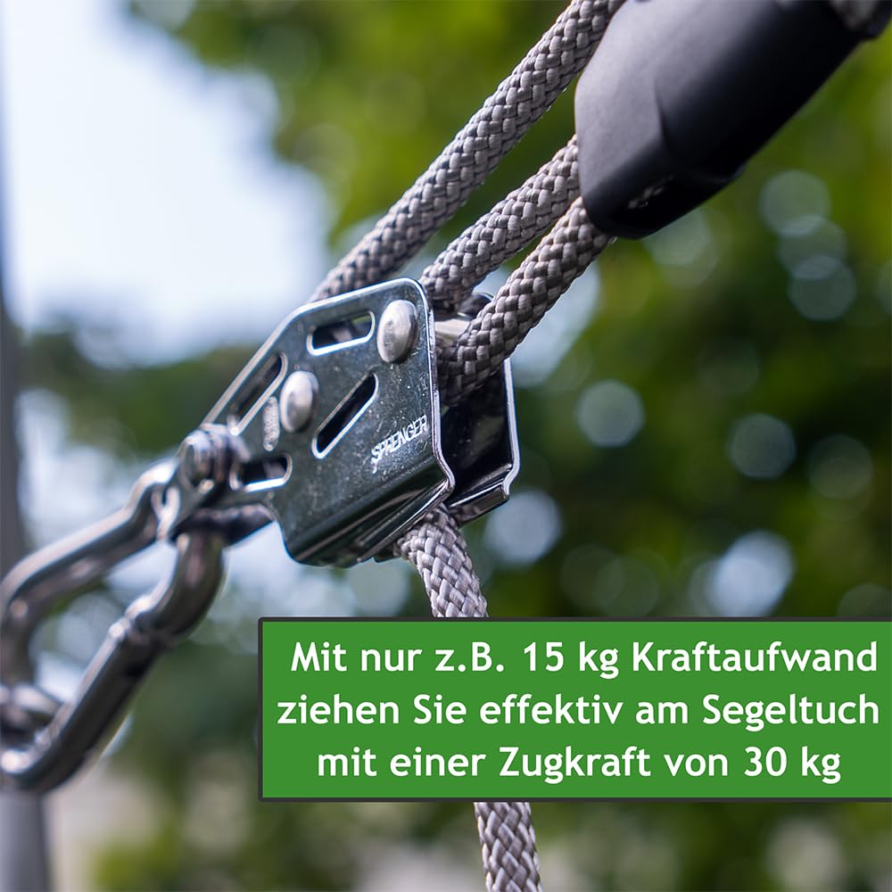 Sonnensegel 2-Fach Flaschenzug Set - mastseitig, für Sonnensegel Masten/Profi Spannsystem zum Spannen & Befestigen/Robustes Seilzugsystem mit integrierter Klemme