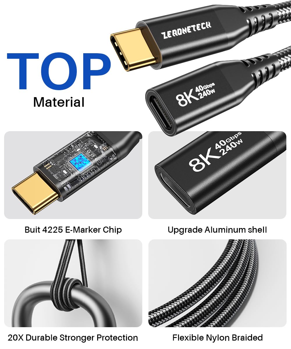 USB-C-Verlängerungskabel, 8 K @ 60 Hz/4 K @ 144 Hz, Video-USBC-Stecker auf Buchse, Verlängerungskabel, 40 Gbit/s/240 W, USB Typ C 3.2 Verlängerungskabel, schnelle Datenübertragung und Aufladen für