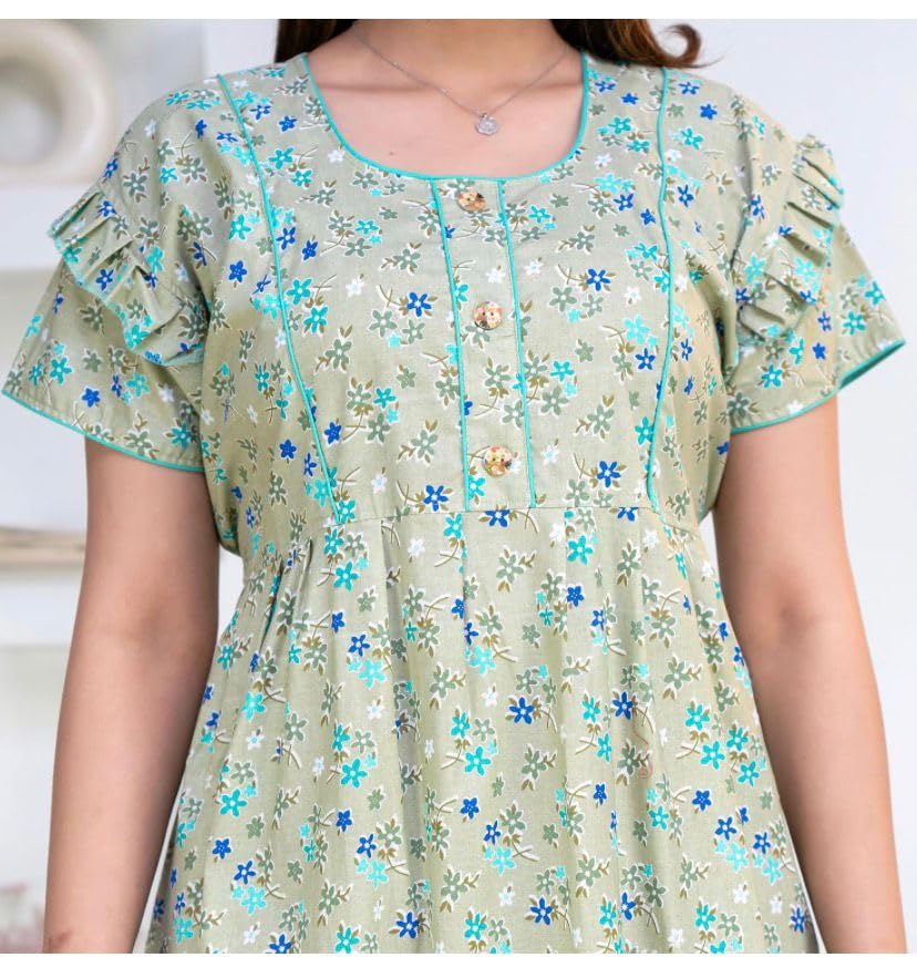 Image of Women's Pure Cotton Maxi Nighty, Floral Print, Short Sleeve Night Gown Adjustable Back BeltSoft Breathable Full-Length Sleepwear & Lounge Wear