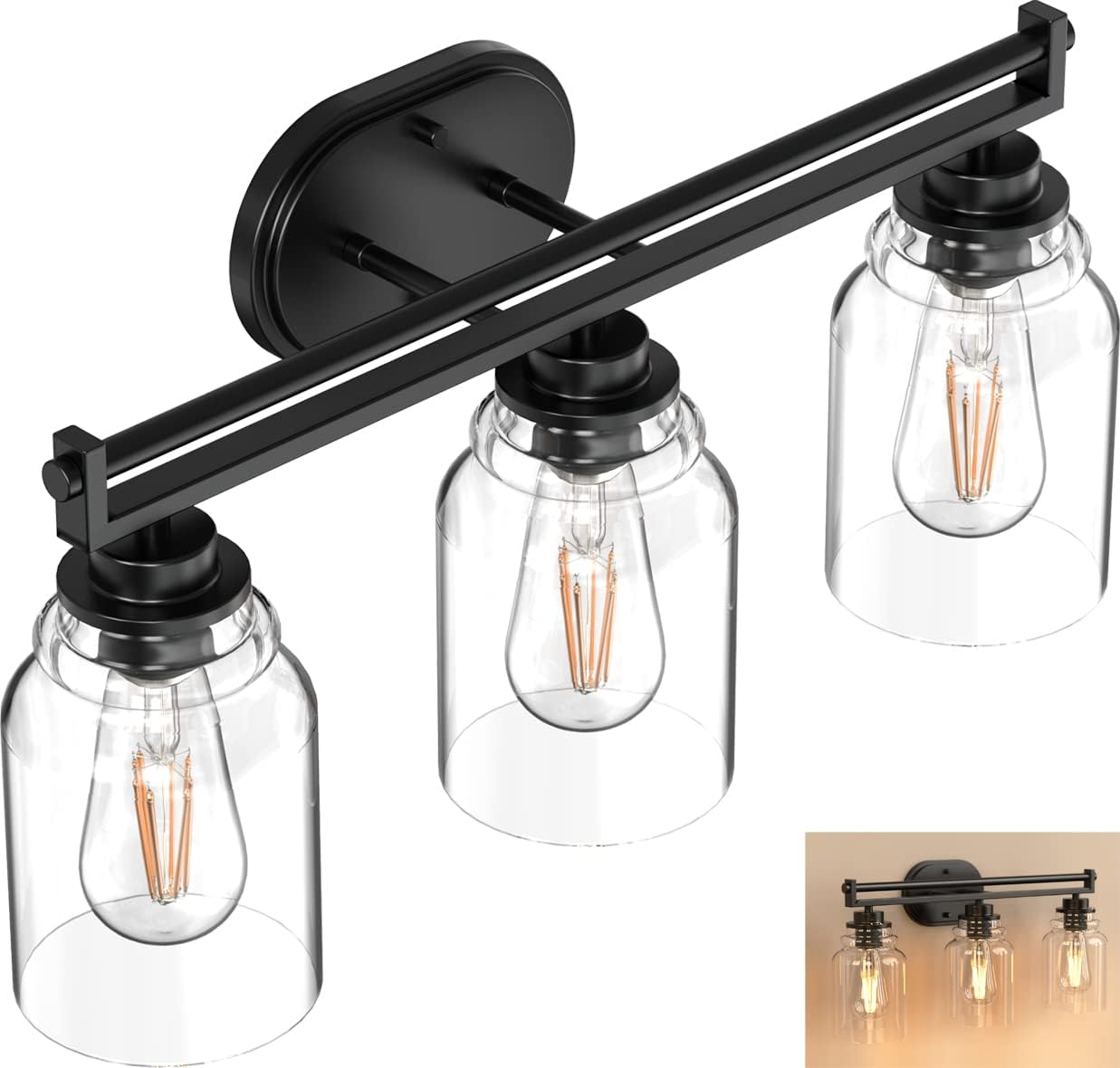 Up To 40% OFF Bonhar PP23 Matte Black 3 Light Bathroom Vanity Lights Over Mirror 24 inch, Farmhouse Bathroom Lights with Clear Glass Shade, Wall Sconce Lighting (Bulb not Included) (3 Lights)