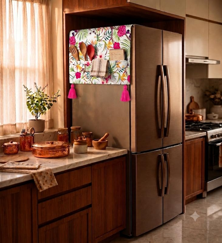 Image of Four Door Fridge Top Cover 400+L | 450 GSM Durable Refrigerator Cover with Corner Tassels & Pockets | Fits Godrej, LG, Haier, Samsung Models | Dustproof Floral Printed Cover Mat| WWW.THROWPILLOW.IN