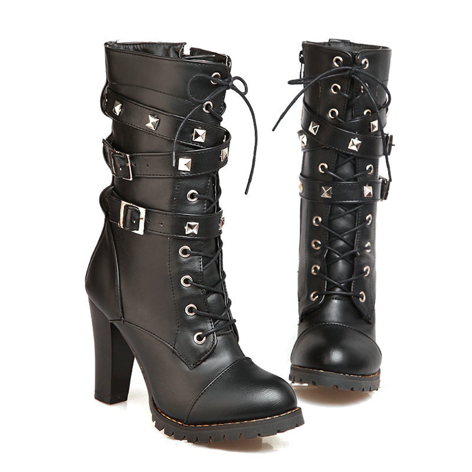 9CM Bottes à Cheville pour Femmes Chunky Heels High Heels Lace Up Noir Bottes à Talons Hauts Mode Sexy Boots Short Boots