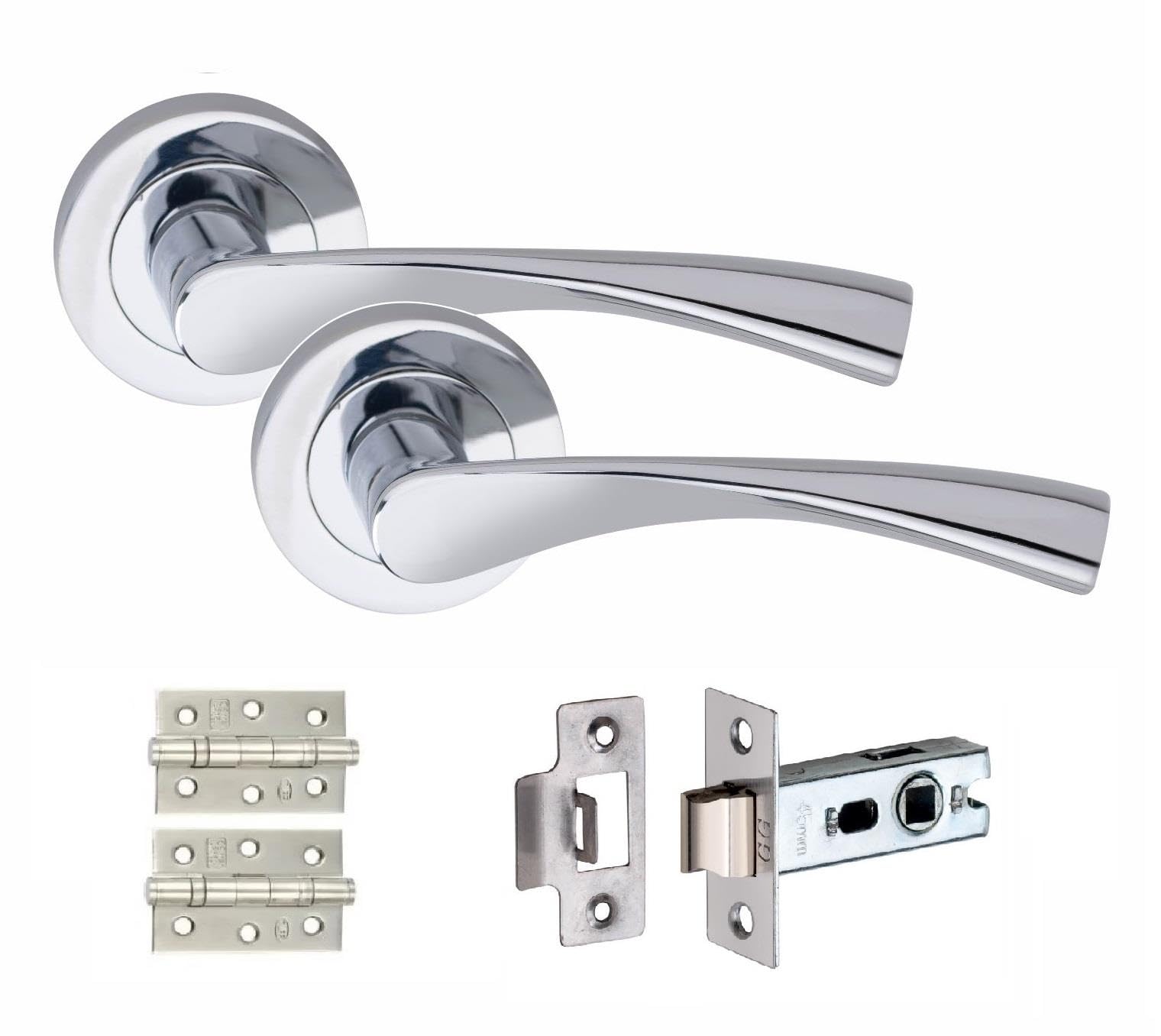Golden Grace 1 Set Astrid Design Door Handles with Tubular Latch and 1 Pair of 3" Ball Bearing Hinges Polished Chrome Finish