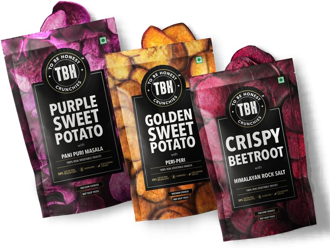 TBH - To Be Honest Vegetable Chips Crunchies | Crispy Beetroot, Golden Sweet Potato, Purple Sweet Potato Chips | Gluten Free | Vegan Friendly Snack | Low Fat | 50% Less Oil | No Preservatives - Pack of 3 ( 35 gm *2, 25 gm*1 )
