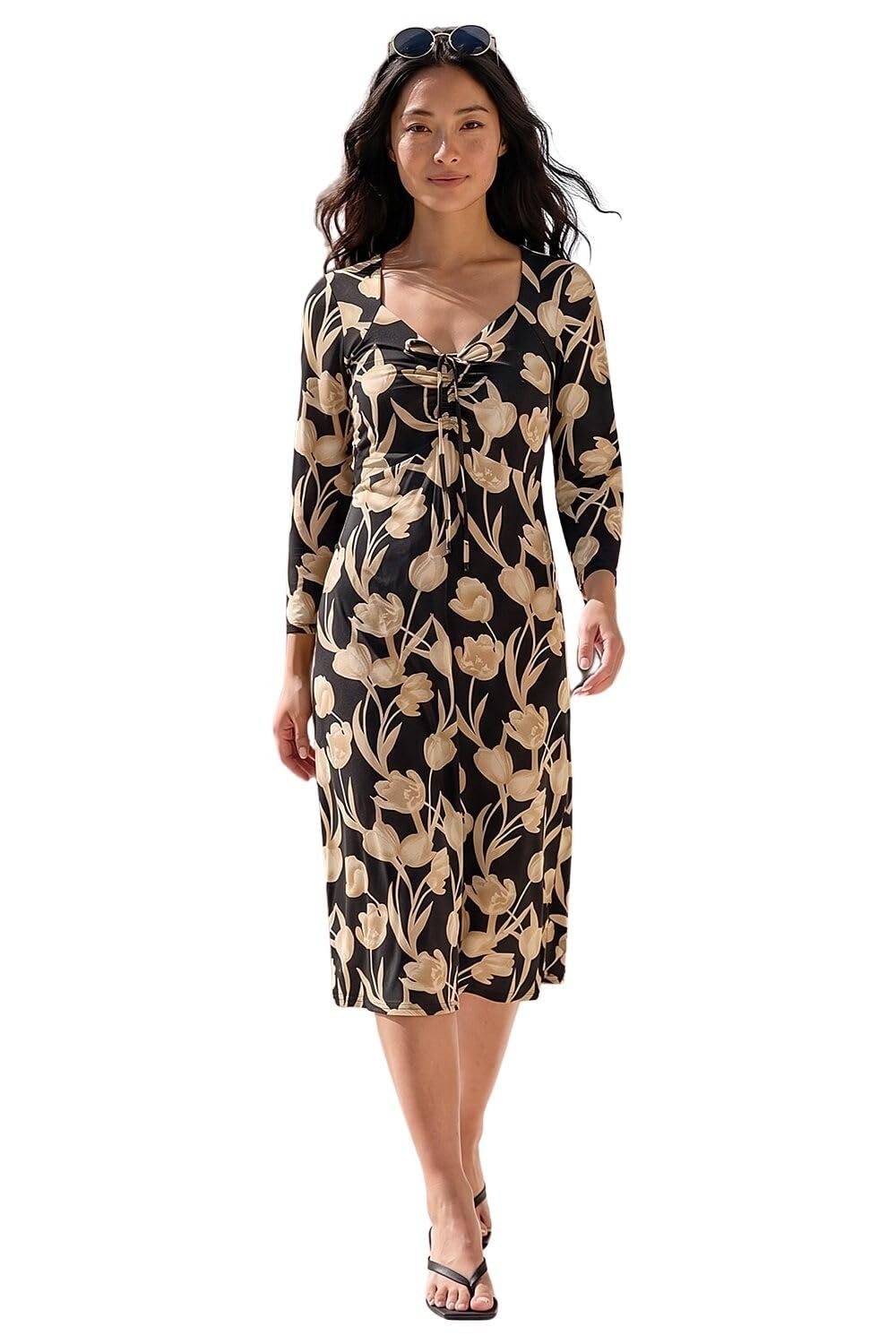 Roman Originals Women's Petite Floral Noir Roman Fit And Flare Dress For Chest Twist Knot Ruched Tea Skater Empire Waist Wedding Guest Smart Casual Swing Midi 3/4 Long Sleeve Knee Length - Size 18