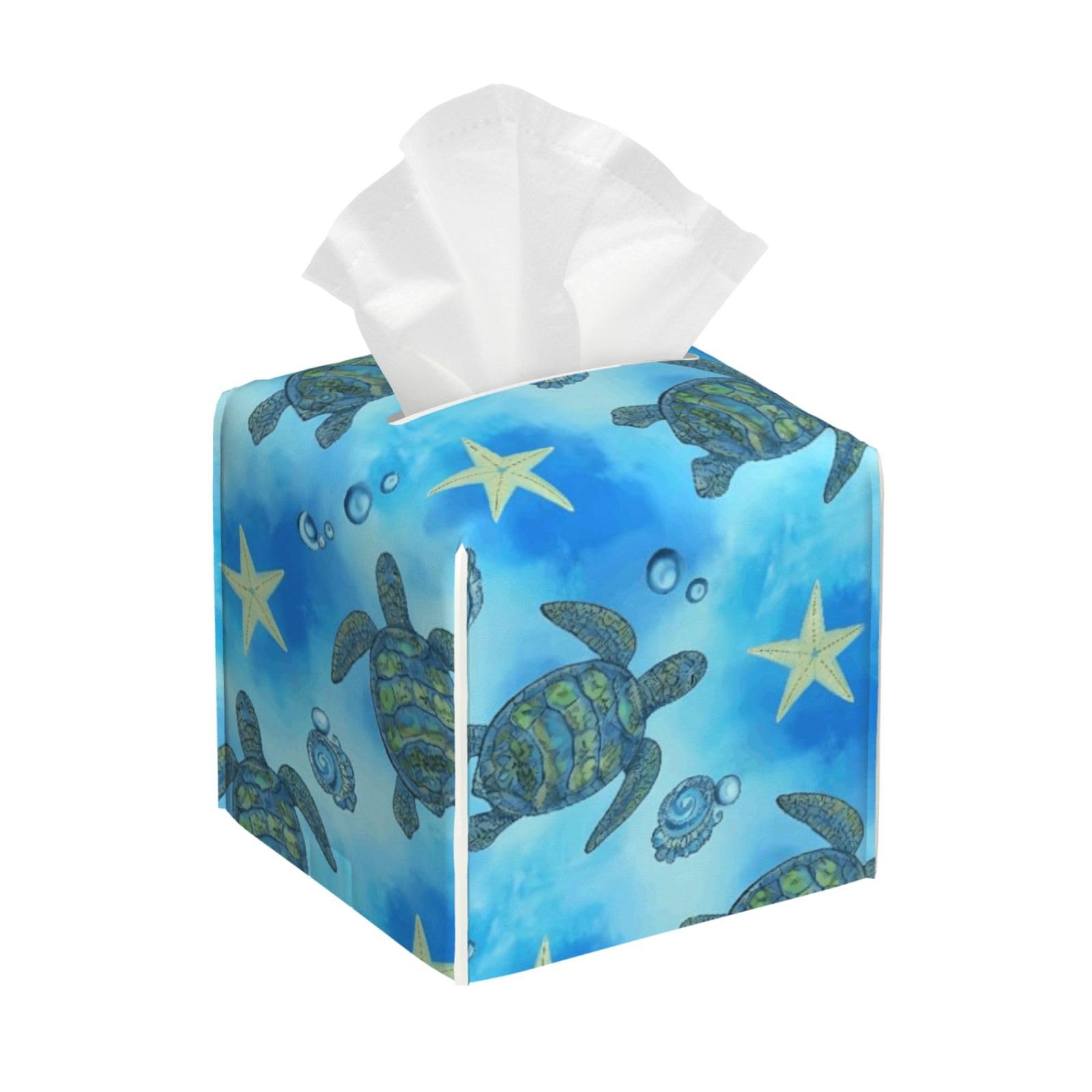 Ocean Sea Turtle Leather Tissue Box Cover Holder Square Facial Paper Organizer 5.2" X 5.2" X 5.2"