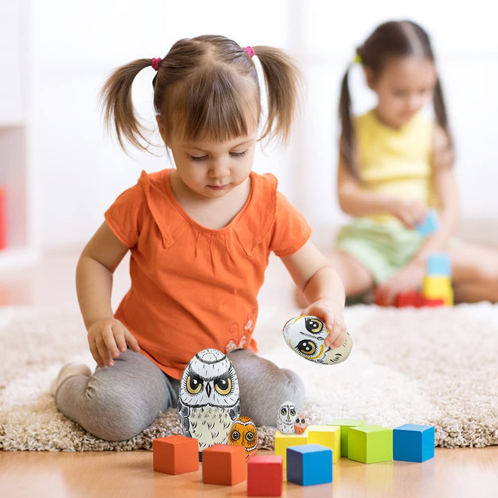 Lot de 5 poupées gigognes Russes en Bois sur Le thème des Animaux de Hibou, poupée matriochka Faite à la Main en Forme d'œuf poupée empilable en Bois pour Anniversaire d'enfant, Noël, Nouvel an