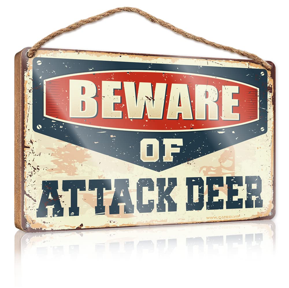 FZFN Door Decor Sign Beware Of Attack Deer Wooden Sign Vintage Decor Hanging Decor Wood(15X28CM)