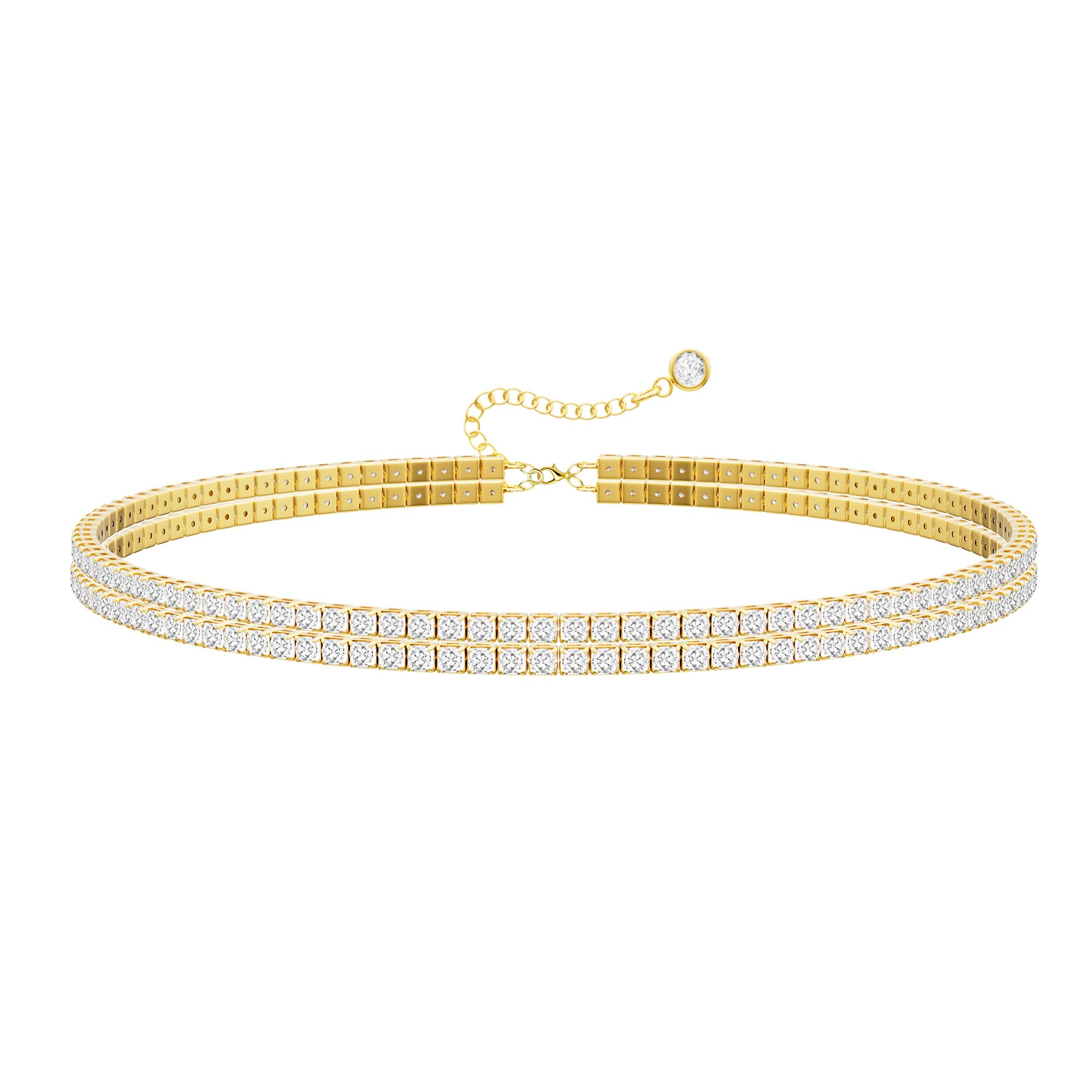 Tewiky 14k Gold Plated 2 Row Rhinestone Necklace Dainty Cubic Zirconia Chain Choker Necklaces Gold Tennis Necklace for Women Bridal Weddings Jewelry