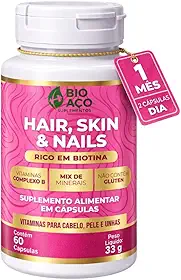 Cabelo, Pele e Unhas Rico em Biotina, Vitaminas A, C, E, B1, B2, B3, B5, B6, B9, B12, Mix de Minerais com Zinco, Selênio, Cromo e Cálcio, 60 Cápsulas