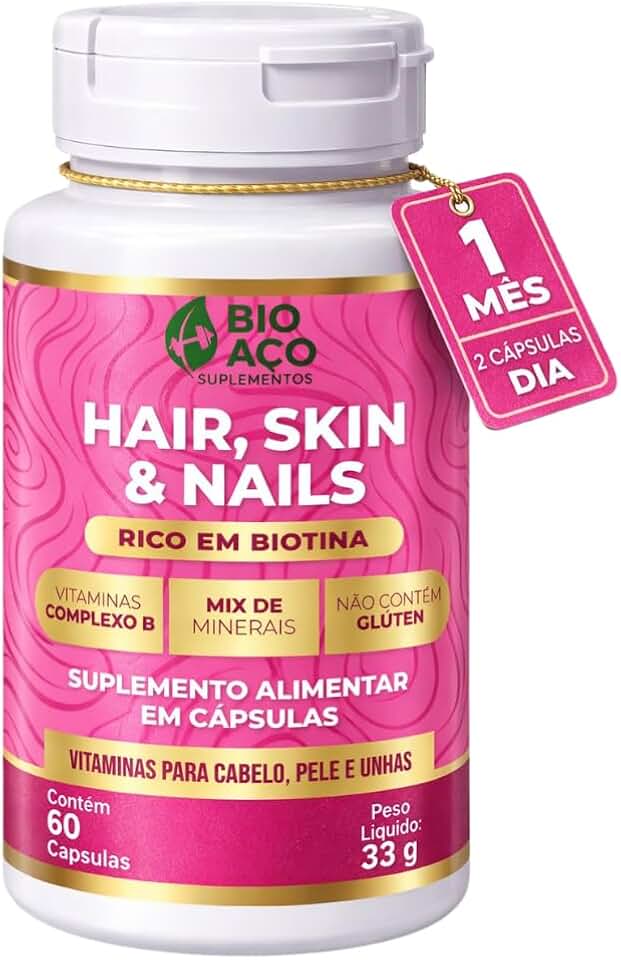 Cabelo, Pele e Unhas Rico em Biotina, Vitaminas A, C, E, B1, B2, B3, B5, B6, B9, B12, Mix de Minerais com Zinco, Selênio, Cromo e Cálcio, 60 Cápsulas