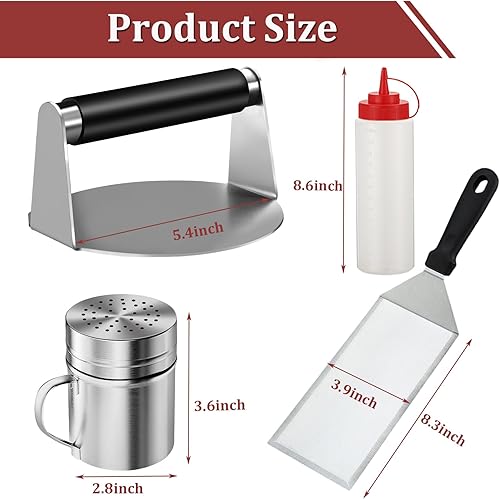 Miniatura 4 de Juego de 4 accesorios de plancha para Blackstone, kit de prensa de hamburguesas de acero inoxidable, espátula para parrilla y coctelera de especias,