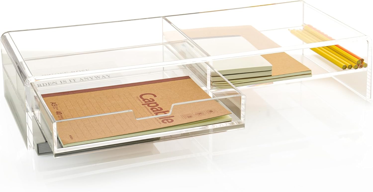 2-Tier Acrylic Monitor Stand Riser with Drawer - 19.68" Large Clear Laptop Stand - Ergonomic Desk Organizer for Computer, iMac, MacBook - Sturdy Storage Shelf for Office Supplies & Home Desktop