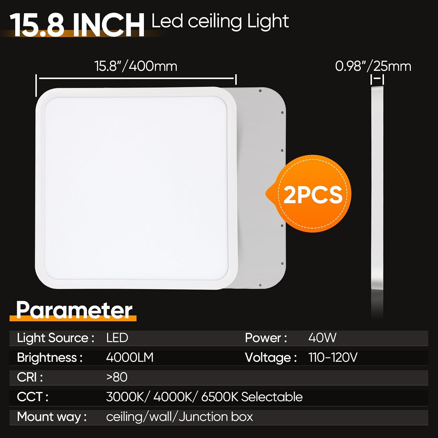 2 Pack 16 Inch Square Flush Mount LED Ceiling Light Fixture, 40W Surface Mounted Flat Panel Light Fixture Ultra Slim for Kitchen Bedroom Hallway, 3 Color Selectable 3000k/4000k/6500k