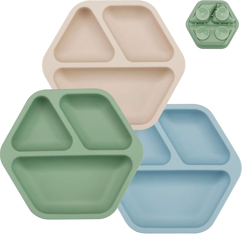 3 Pack Toddler Plates, Hexagon Divided Suction Plates for Baby, 100% Food Grade Silicone Baby Plates, Non-Slip, Baby Led Weaning Supplies, Microwave & Dishwasher Safe (Hexagon)