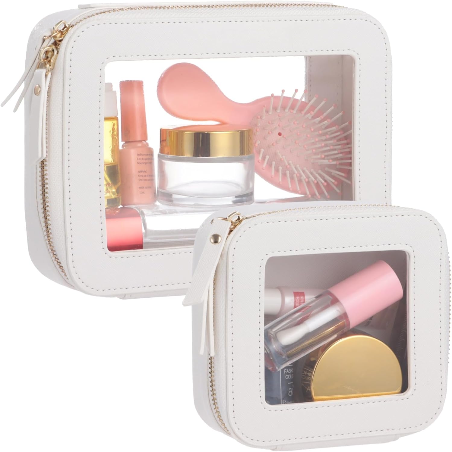 2 Pcs Clear Makeup Bag Set, PU Leather Cosmetic Pouch with Transparent Window & Double-Zipper Design, Women Waterproof Travel Organizer for Car Storage and Office Daily Use (White)