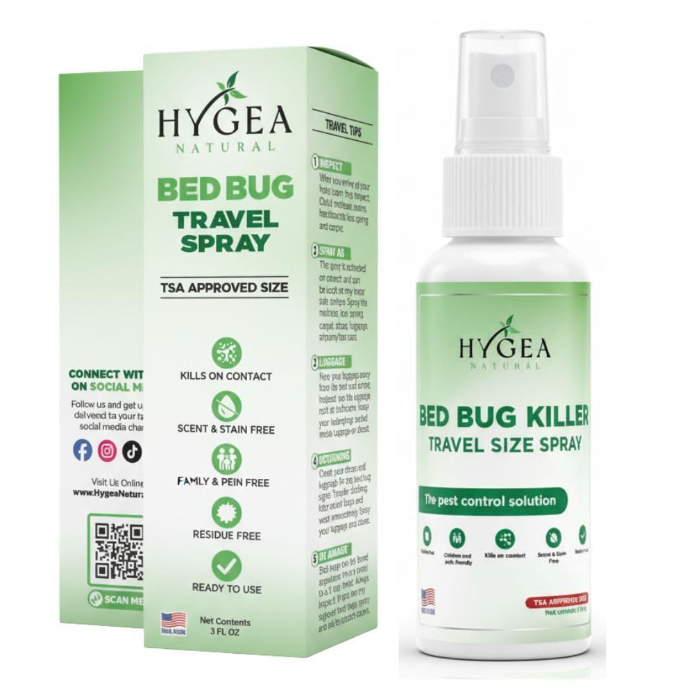 Hygea Natural Lice, Mite, and Bed Bug Killer Travel Spray - TSA Approved Size – Child & Pet Friendly – Immediate Results – Stain & Odor Free, for Hotels, Suitcase, Backpack, Shoes, Bed Bug Spray(3oz)